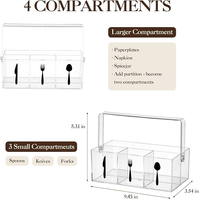 Garvee Acrylic Utensil Caddy with Handle, Plastic Silverware Organizer and Flatware Holder, Paper Plate Dispenser for Kitchen Countertop, Parties, Outdoor Picnic