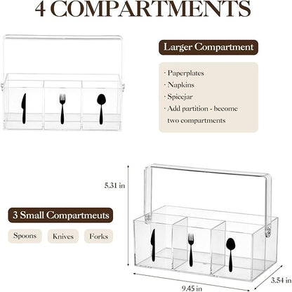 Garvee Acrylic Utensil Caddy with Handle, Plastic Silverware Organizer and Flatware Holder, Paper Plate Dispenser for Kitchen Countertop, Parties, Outdoor Picnic