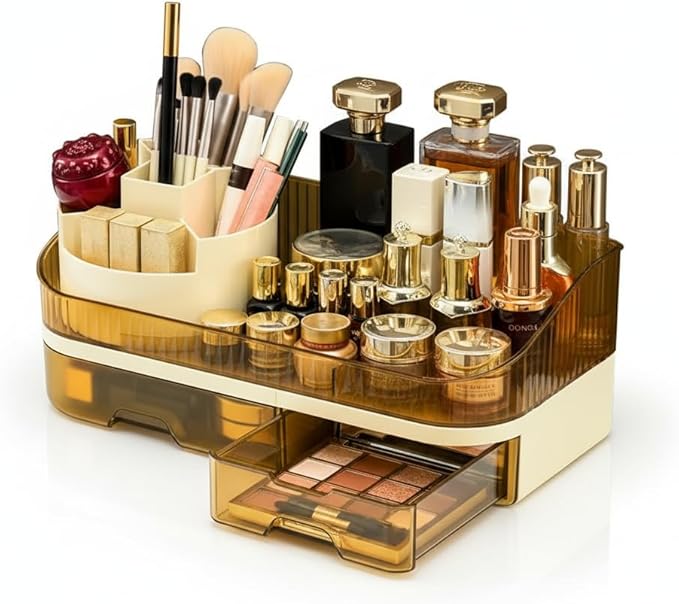Makeup Organizer with Dual Drawers - Large Capacity Countertop Cosmetic Storage for Skincare Vanity Bathroom