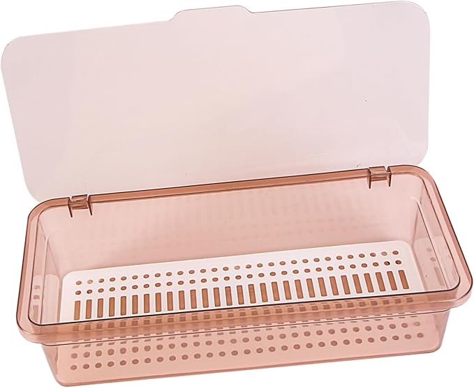 Plastic chopsticks drain storage box with lid - kitchen utensil organizer for countertop - covered holder for silverware, forks, and cutlery - 11.02 x 5.12 x 2.76 inches (brown)