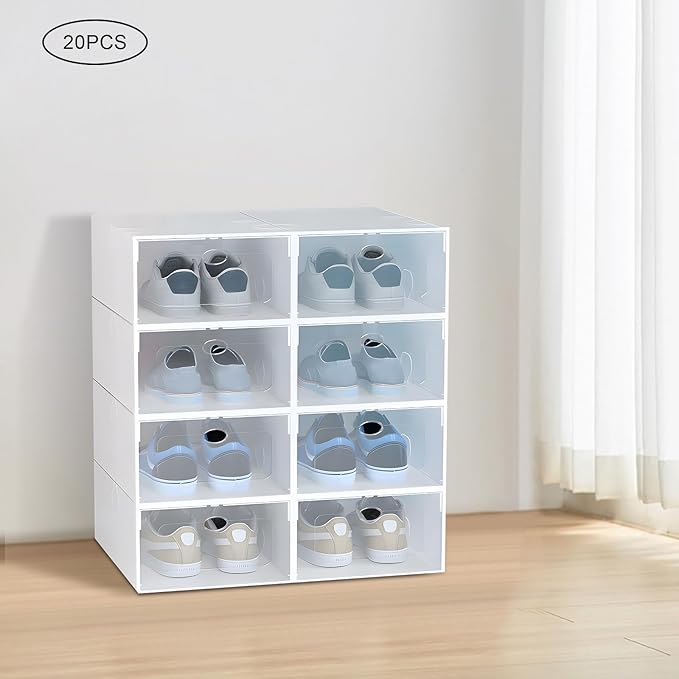20 PCS Shoe Cabinet Clear Shoe Storage Boxes Stackable Storage Organizer Bins Shoe Organizer for Closet Boot Sneaker Space Saving (20Pcs White)