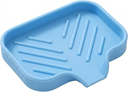 MicoYang Silicone Bathroom Soap Dishes with Drain Spout-Bathroom and Kitchen Sink Organizer,Sponge Holder,Dish Soap Tray,Perfect for Dispenser,Scrubber,Bottle on Sink or Counter-Light Blue 4.9"×3.2"