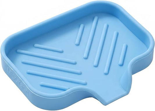 MicoYang Silicone Bathroom Soap Dishes with Drain Spout-Bathroom and Kitchen Sink Organizer,Sponge Holder,Dish Soap Tray,Perfect for Dispenser,Scrubber,Bottle on Sink or Counter-Light Blue 4.9"×3.2"