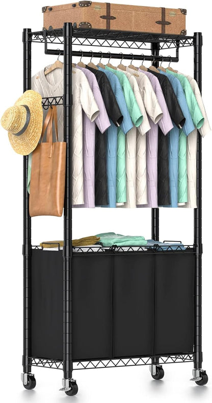 Hodonas Rolling Laundry Basket Organizer with Wheels and Hanging Bar, Laundry Hamper Cart Laundry Sorter 3 Section, Dirty Clothes Hampers for Laundry Bedroom Bathroom w/ 3 Removable Bags, Black
