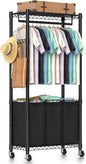 Hodonas Rolling Laundry Basket Organizer with Wheels and Hanging Bar, Laundry Hamper Cart Laundry Sorter 3 Section, Dirty Clothes Hampers for Laundry Bedroom Bathroom w/ 3 Removable Bags, Black