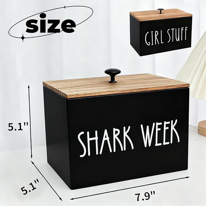 Tampon Holder for Bathroom Decor Feminine Product Organizer with Lid Movable Partition Storage Container Feminine Product Wood Tampon Dispenser Bathroom Accessories Box for Girl Stuff (Black)