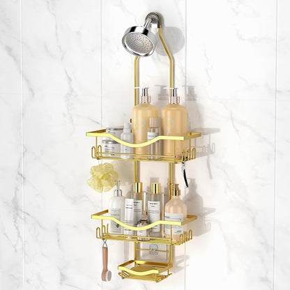 Shower Caddy Hanging Adjustable Shower Caddy, Rustproof Shower Organizer Extended Length Showers Caddy Over Shower Head with Hooks Soap Holder, Large Capacity Anti-Swing Bathroom Organizer, Gold