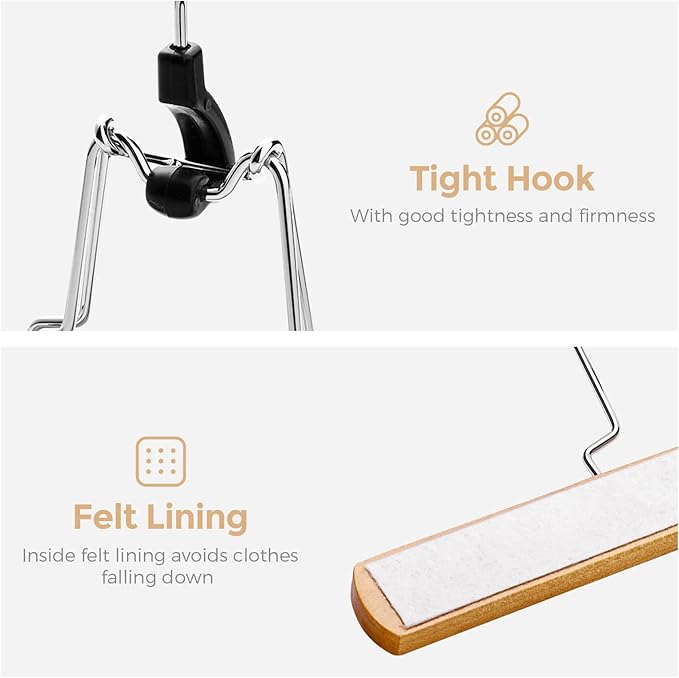HOUSE DAY Wooden Pants Hangers 20 Pack, Non Slip Wood Skirt Hangers, Smooth Finish Wood Jeans Hanger, Clamp Hanger for Skirts, Slacks, with 360° Swivel Hook