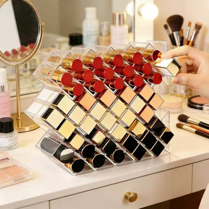 AKAZA 4 Pack Acrylic Lipstick Holder Organizer, 64 Slot Clear Makeup Storage for Lip Gloss, Lipstick, Cosmetics, Skincare, Perfume – Vanity Display Tower,Fish Shape Decorative Stand