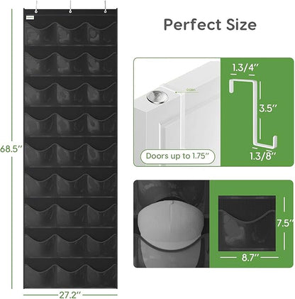 Baseball Hat Rack, 27 Pocket Over-The-Door Hat Organizer with Clear Deep Pockets to Display Baseball Caps Collection, Complete with 3 Over Door Hooks (Black, 27 Pockets)