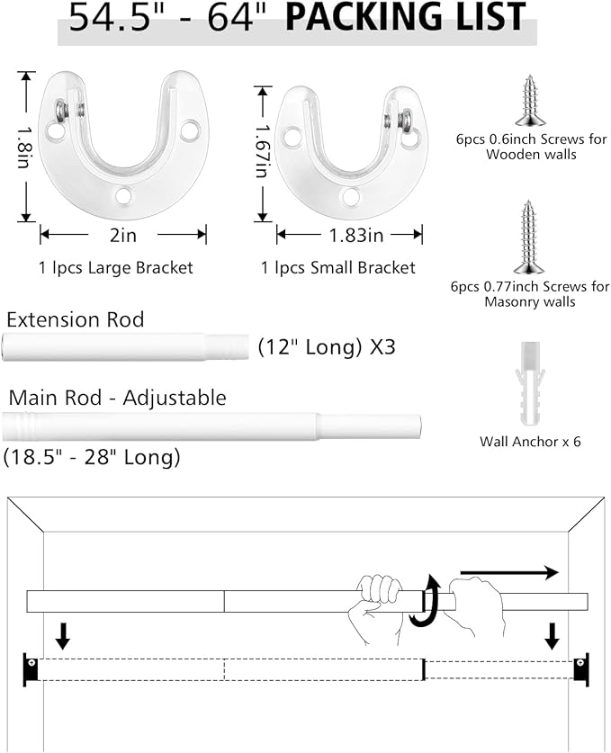 Closet Rods for Hanging Clothes - Heavy Duty, Length Adjustable (White, 54.5" - 64")