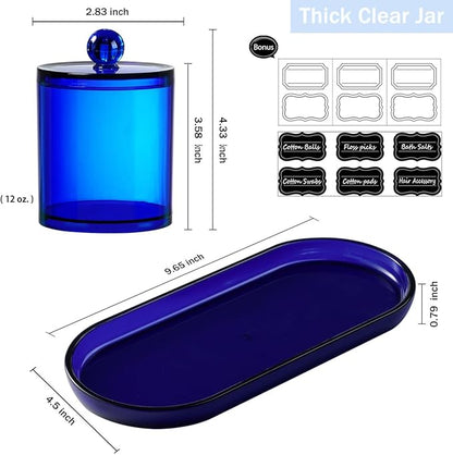 Qtip Holder Bathroom Set with Tray(4PCS) - 3 Pack Acrylic Plastic Apothecary Jars Qtip Dispenser Canister with Lid and Labels, 1 Pack Bathroom Vanity Tray, for Cotton Ball, Cotton Swab (Blue)