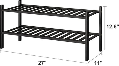 viewcare 2-Tier Black Bamboo Shoe Rack for Entryway, Stackable | Foldable | Natural, Shoe Shelf Storage Organizer for Hallway Closet, Free Standing Shoe Racks for Indoor Outdoor