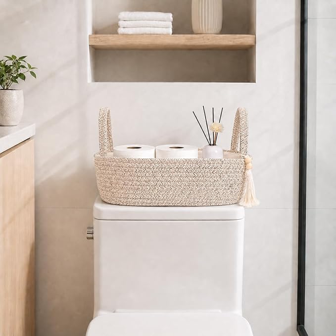 ABenkle Small Storage Basket, Jute Rope Woven Toilet Paper Tray Organizer for Toilet Tank Top, Boho Bathroom Decor Holder for Shelf Bedroom Living Room -13x6x4 Inches
