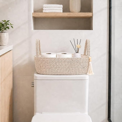 ABenkle Small Storage Basket, Jute Rope Woven Toilet Paper Tray Organizer for Toilet Tank Top, Boho Bathroom Decor Holder for Shelf Bedroom Living Room -13x6x4 Inches