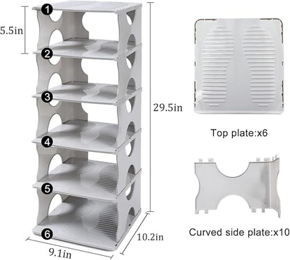 6-Tier Shoe Rack, Stackable Storage Organizer for Bedroom Entry, Adjustable Rack, Shoe Slots Shelf, Easy Tower Rack, Grey
