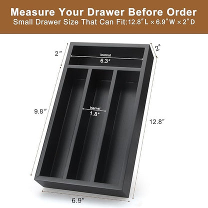Ayiaren Wooden Silverware Drawer Organizer Tray Small Kitchen Utensil Holder for Drawer Narrow Flatware Organizers Divider Black Wood Cutlery Trays Bamboo Utensil Organizer Spoon and Fork Holder Tray