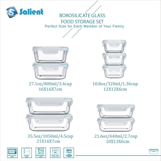 S SALIENT 18 Piece Glass Food Storage Containers with Lids, Glass Meal Prep Containers, food storage Containers for Food Storage, BPA Free & Leak Proof (9 lids & 9 Containers)