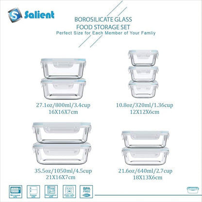 S SALIENT 18 Piece Glass Food Storage Containers with Lids, Glass Meal Prep Containers, food storage Containers for Food Storage, BPA Free & Leak Proof (9 lids & 9 Containers)