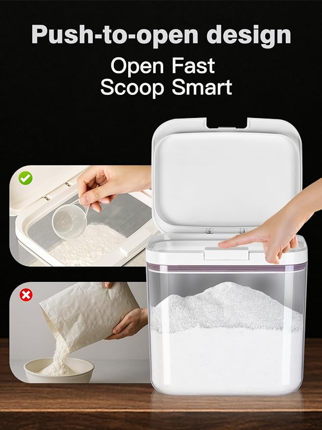 LivLab Mker Rice Dispenser 20Lbs - Flour Brown Sugar Container With One-Press Lid | Bpa-Free Clear Pet Airtight Food Container With Scoop| Stackable Cereal Storage Keeper 9.4x9.4x11.4in 11L /11.6Qt