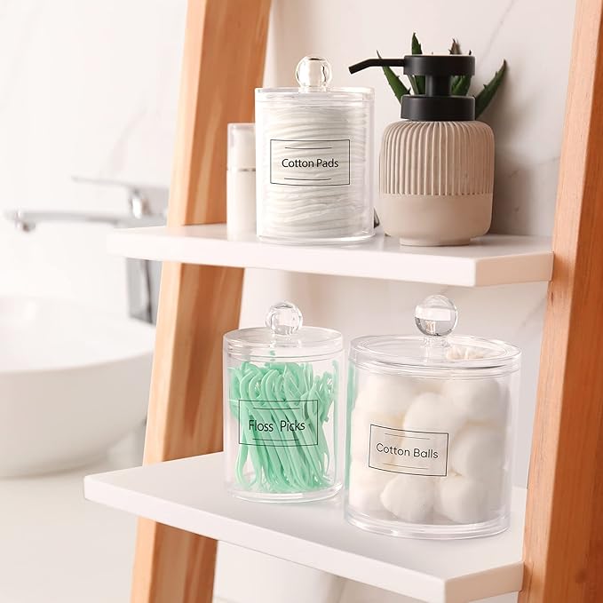 3 Pack Qtip Holder Dispenser for Cotton Ball, Cotton Swab, Cotton Round Pads, Floss - 20OZ & 10 oz Clear Plastic Apothecary Jar Set for Bathroom Canister Storage Organization, Vanity Makeup Organizer