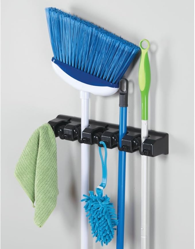 iDesign InterDesign Kitchen, Laundry Room, Garage or Utility Closet – Black Wall Mount Mop & Broom Holder