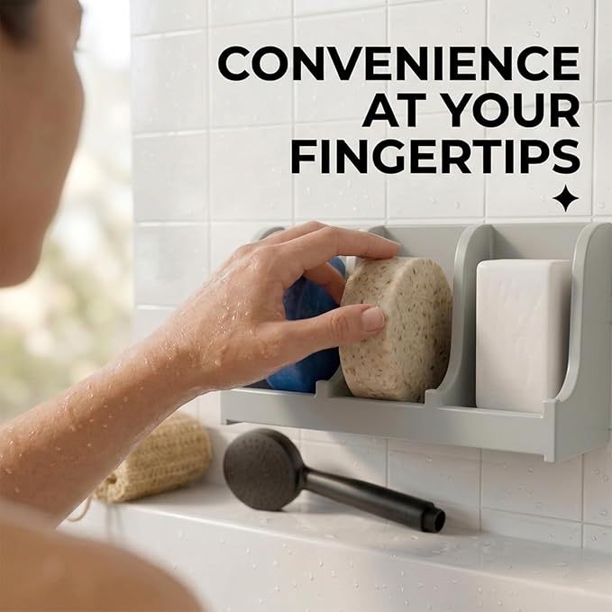 Soap Holder for Shower Wall, 3-Compartment Soap Dish for Shampoo, Conditioner and Body Soap, Fast Draining & Rust-Proof & Heavy Duty, Ultra-Strong Self Adhesive & Freestanding (Grey, No Label)