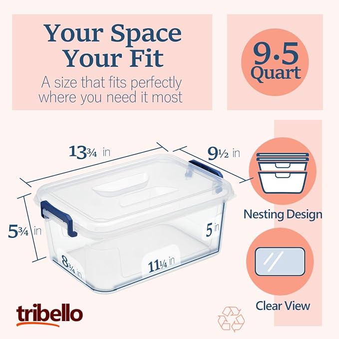 Tribello Plastic Storage Bins with Lids, Clear Stackable Storage Containers - 9.5 Qt - 2 Pack