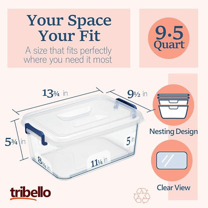 Tribello Plastic Storage Bins with Lids, Clear Stackable Storage Containers - 9.5 Qt - 2 Pack