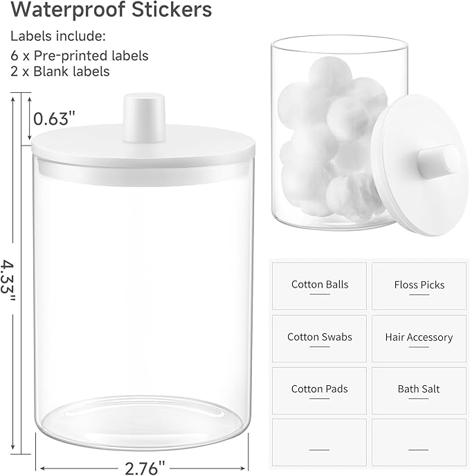 TIPGO Glass Qtip Holder Dispenser for Bathroom - 10 oz Clear Canister Apothecary Jar for Cotton Swabs, Balls, Pads, Floss Picks, Small Containers for Makeup Storage Organizer (2 Pack, White)