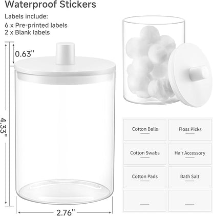 3 Pack Glass Qtip Holder Dispenser- 10 oz Clear Canister Apothecary Jar, Bathroom Vanity Storage Organizer Set for Cotton Swabs, Pads, Floss Picks, Small Containers for Makeup Storage (White)