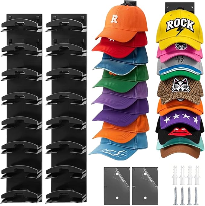 HINIHAO 2 Pack Hat Organizer for Baseball Caps, Hat Rack for Wall with Strong Adhesive, Wall Mounted Hat Hooks Hold up to 16 Hats for Closet Door and Bedroom (Black)