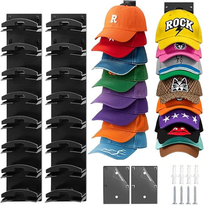 HINIHAO 2 Pack Hat Organizer for Baseball Caps, Hat Rack for Wall with Strong Adhesive, Wall Mounted Hat Hooks Hold up to 16 Hats for Closet Door and Bedroom (Black)