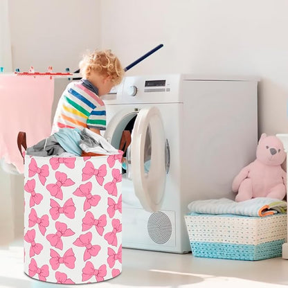 CLOCOR Large Laundry Basket,Waterproof Nursery Hamper,Collapsible Fabric Storage Container,Toys Bin,Room Decor,Gift Basket（Pink Bowknot