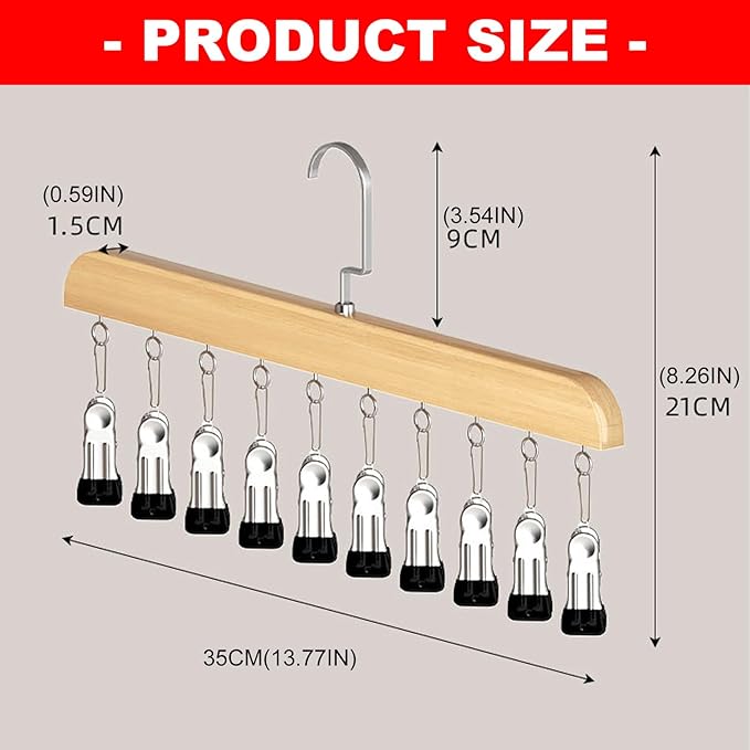 Hanging Closet Organizer, Wooden Legging Hanger with 10 Clips,Space Saving Hats Organizer for Closet,360° Rotating Wooden Multi-Hanger for Pants, Skirts and Socks Storage (Natural Finish)