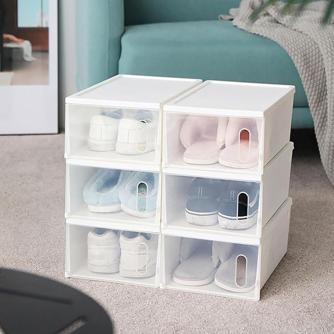 Housoutil 2pcs Plastic Shoe Storage Boxes with White Lids Large Shoes Organizer Containers for Home Closet Storage and Display