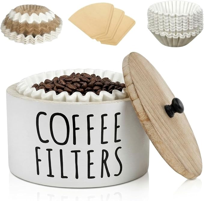Coffee Filter Holder - Wooden Coffee Storage Container with Lid, Multipurpose Filter Dispenser, Sturdy Coffee Pod Organizer for Bar Counter Decor (White)