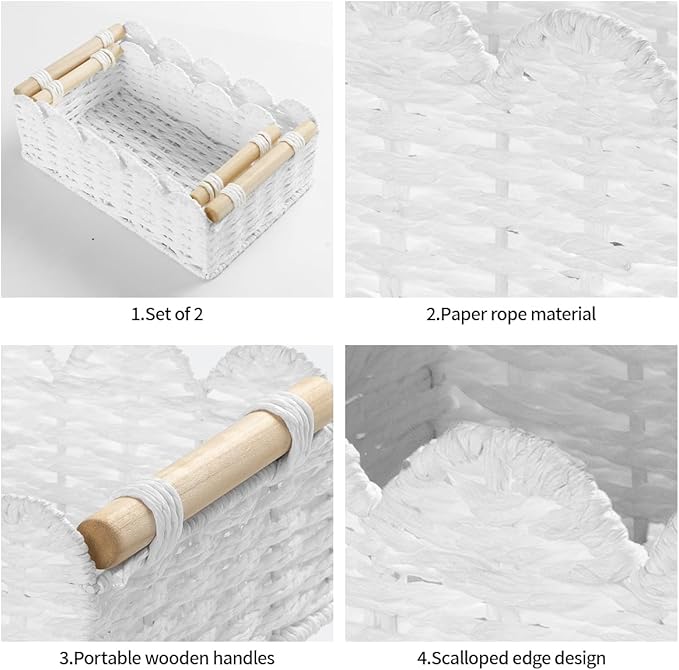 Graciadeco 2 Pack Scalloped Wicker Basket Paper Rope Storage Baskets with Wooden Handles Hand-Woven Organizer Bin Wicker Storage Baskets for Organizing, Home Decor (White)