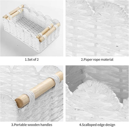 Graciadeco 2 Pack Scalloped Wicker Basket Paper Rope Storage Baskets with Wooden Handles Hand-Woven Organizer Bin Wicker Storage Baskets for Organizing, Home Decor (White)