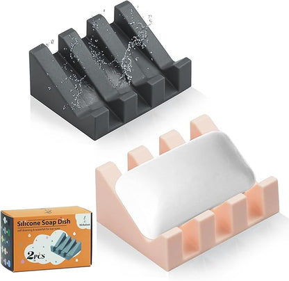 2 Pack Self Draining Silicone Soap Dish with Suction Cups - Non-Slip Bar Soap Holder for Shower & Kitchen, Waterfall Tray Keeps Soap Dry, Easy Clean, Extends Soap Life (Grey-Pink)
