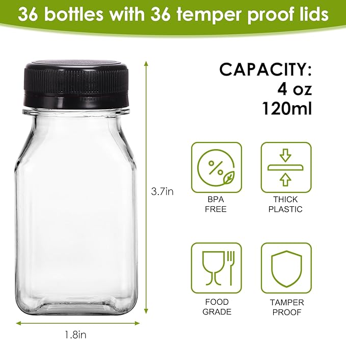 Moretoes 36pcs 4oz Juice Bottles, Small Plastic Bottles with Caps, Reusable Clear Containers with Lids for Juicing, Smoothie and Other Beverages