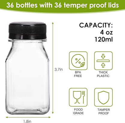 Moretoes 36pcs 4oz Juice Bottles, Small Plastic Bottles with Caps, Reusable Clear Containers with Lids for Juicing, Smoothie and Other Beverages