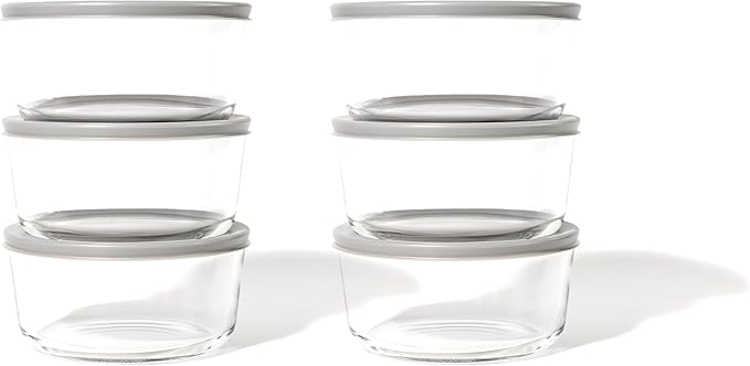 12-Piece Glass Food Storage Containers Set (6 Containers + 6 BPA-Free Lids) | 2-Cup, Leakproof | Microwave, Freezer, Oven & Dishwasher Safe | Ideal for Meal Prep & Pantry Organization, Grey