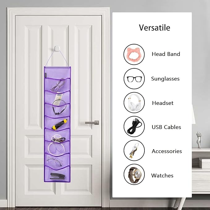 Wall Hanging Headband Organizer Ribbon Hair Hoops Storage Hairbands Hair Accessory Holder with Clear Pockets (PURPLE-8 POCKETS -2 Pack)