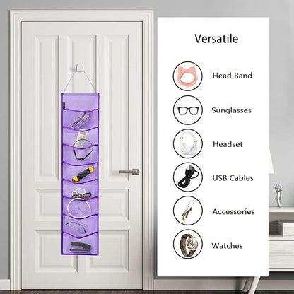 Wall Hanging Headband Organizer Ribbon Hair Hoops Storage Hairbands Hair Accessory Holder with Clear Pockets (PURPLE-8 POCKETS -2 Pack)