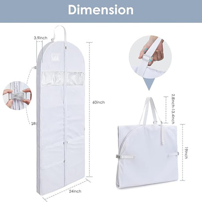 Easyo Garment Bags for Travel,60" Heavy Duty Suit Dress Garment Bag with 2 Clear Windows 3 Zipper Pockets,Dress Bags with Shoe Storage for Long Coat, Jacket, Sweater, Shirts, Suits - White