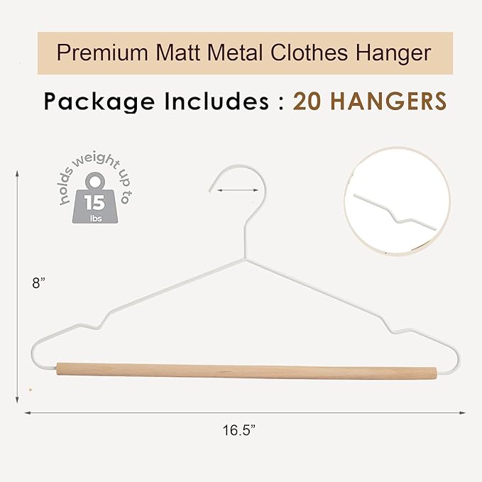 Premium Matt Metal White Suit Clothes Hanger 20 Pack Smooth Beech Wood Pants Bar,Durable Wood Top Suit Hangers Coat Hanger Dress Hanger Shirt Hanger