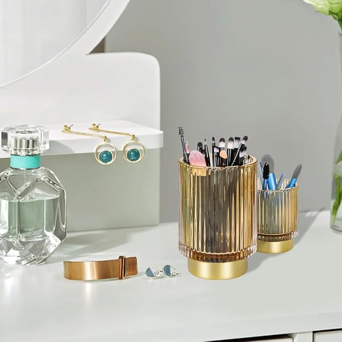 Glass Makeup Brush Holder,Gold Toothbrush Holders,Cute Make Up Brush Cup Holder,Vintage Vanity Makeup Organizer for Bathroom and Desktop (Amber)