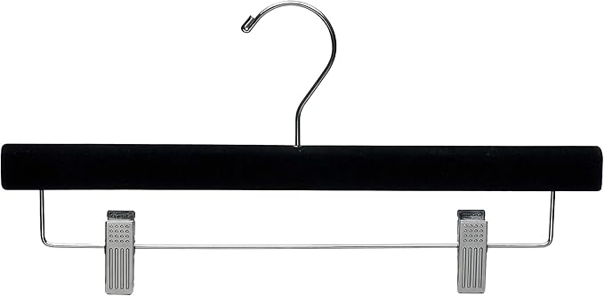 Black Velvet Pant Hanger w/Adjustable Cushion Clips, Box of 100 Flat Wood Bottom Hangers w/Chrome Swivel Hook for Jeans Slacks or Skirt