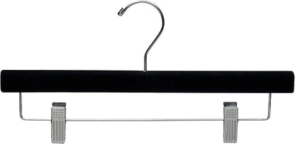 Black Velvet Pant Hanger w/Adjustable Cushion Clips, Box of 100 Flat Wood Bottom Hangers w/Chrome Swivel Hook for Jeans Slacks or Skirt